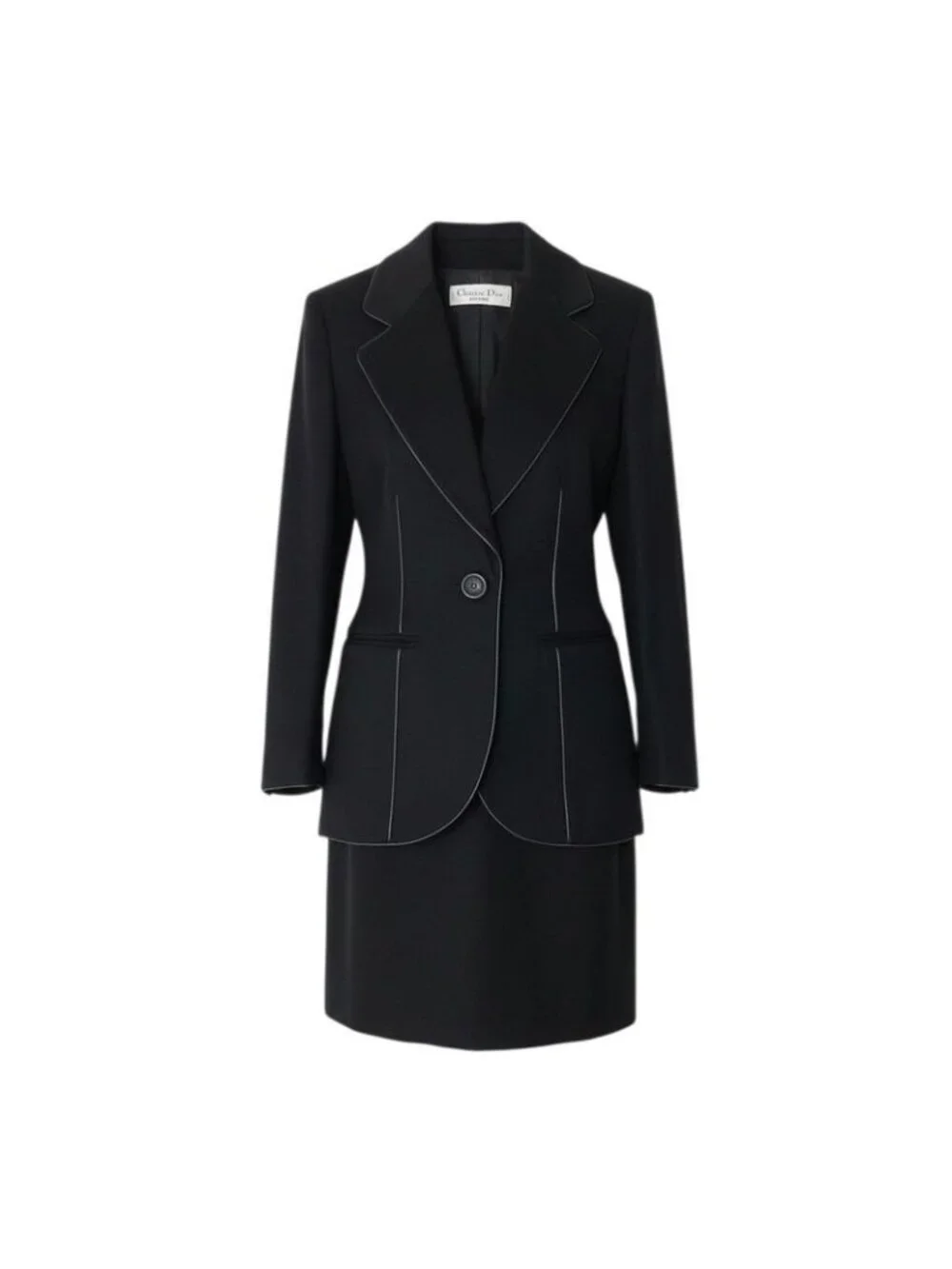 Dior Vintage Skirt Set Tailored Jacket Leather Piping Black